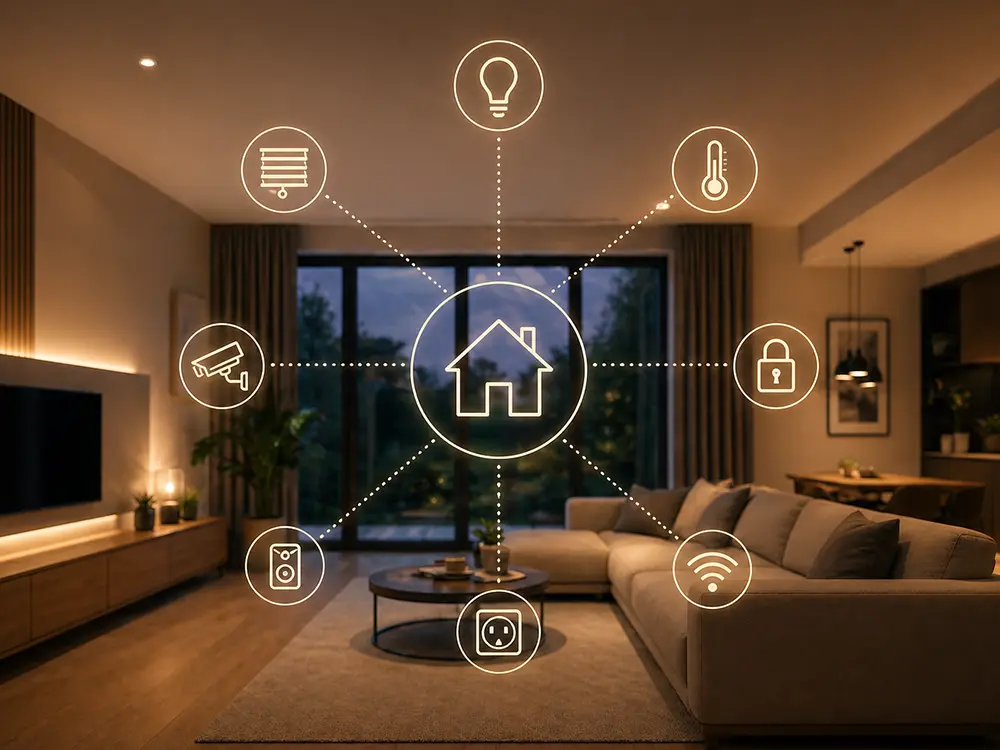 Modernes Wohnzimmer mit Smart Home Technik und intelligenter Haussteuerung in Bornheim.