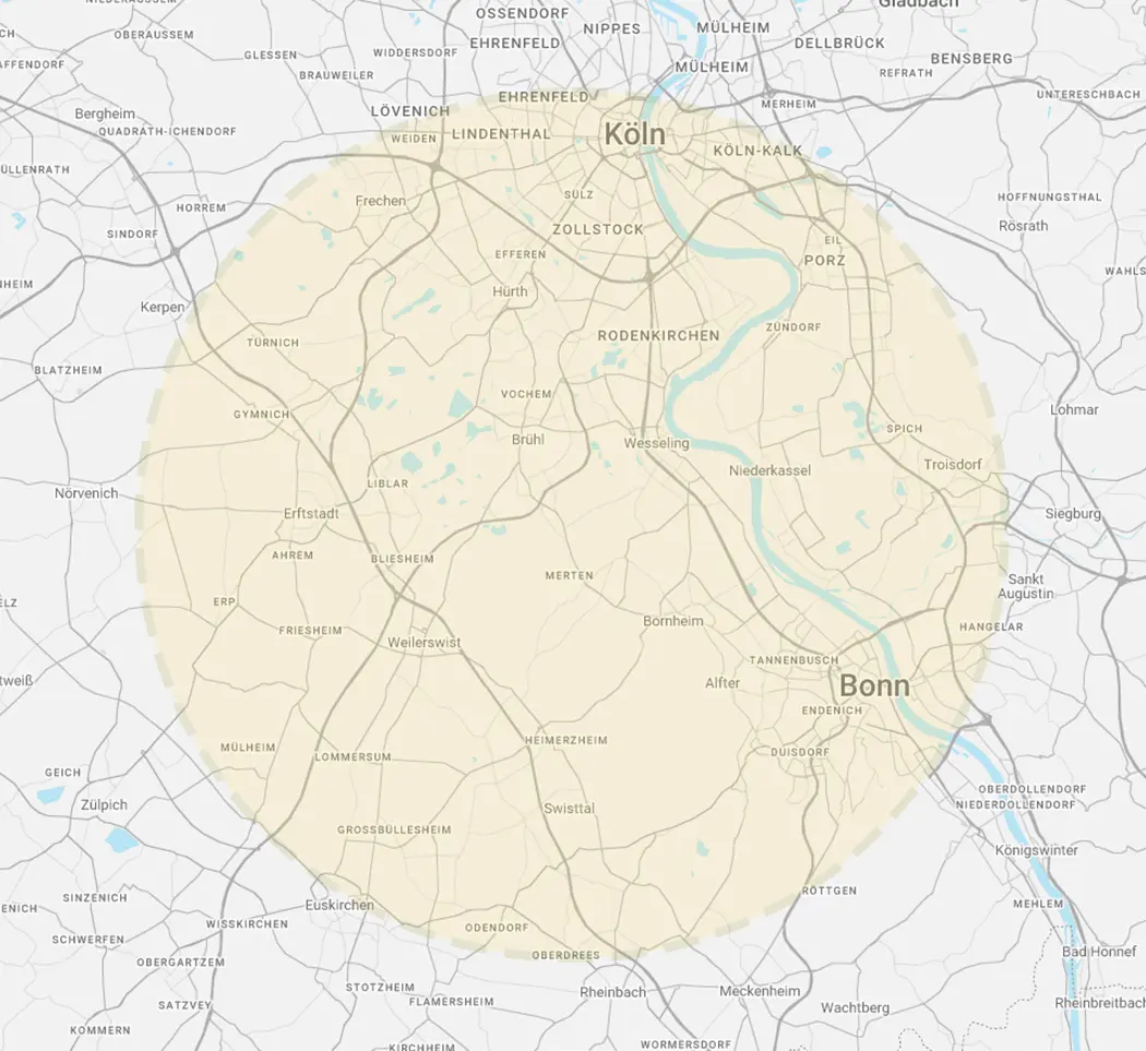 Karte des Einsatzgebiet von Stefan Montenarh mit Brühl, Bornheim, Weilerwist, Erftstadt, Köln, Bonn